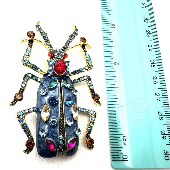 Bug Beetle Brooch Pin Blue Enamel Multicolor Rhinestone Gold Tone Statement - Picture 2 of 3